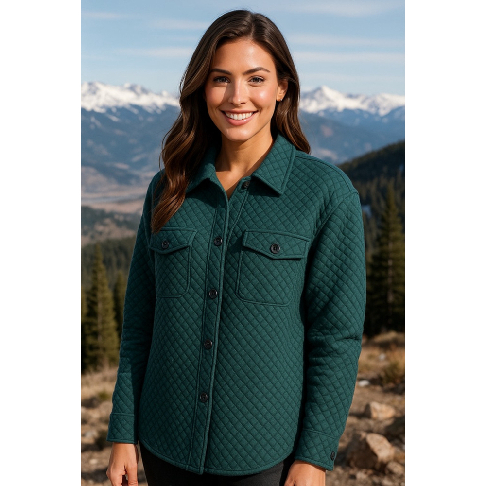 Prettygarden Teal Quilted Shacket Button Up Shirt Jacket with Pockets M Winter